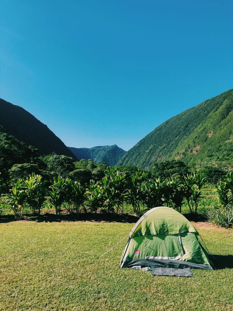 Camping picture for home page. Tent on grass in front of mountains.